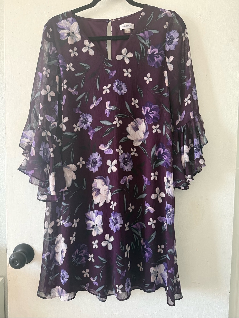 Calvin Klein Purple Floral Ruffle-Sleeve Chiffon Shift Dress
